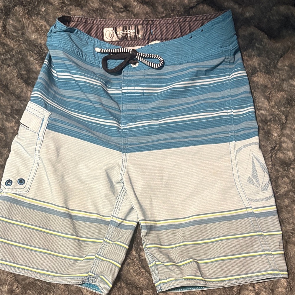 Volcom Blue and Light Gray Striped Boy’s Board Shorts